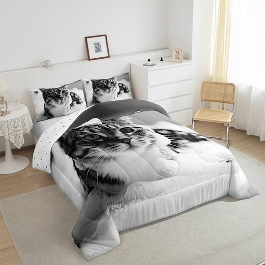 Erosebridal Cat Comforter Set King Size Cute Kitten Quilt Insert for Kids Men Women Kawaii Beard Animal White Grey Comforter Warm Soft Bedding Set