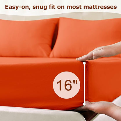 King Size Terracotta Bed Sheet Set - 4 Piece Soft Microfiber Sheets with Deep Pockets, Cooling Technology, and Wrinkle-Free Pillowcase. Hotel-Quality, Durable Bedding, Bright Orange