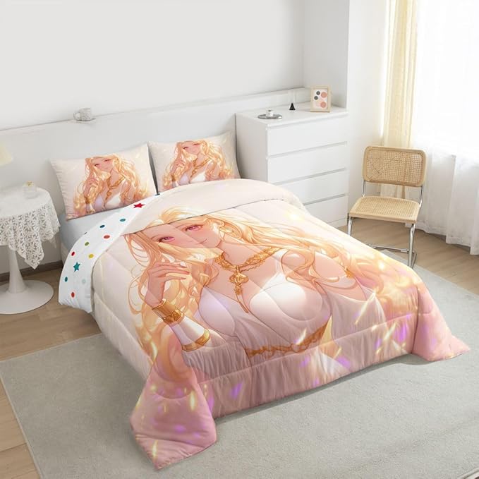 Erosebridal Kawaii Girly Comforter Set 3D Anime Gifts Bedding Sets, Japanese Girl Bedding for Kids Girls Lady Women Aesthetic Princess Bedding Comforter Sets Queen Size