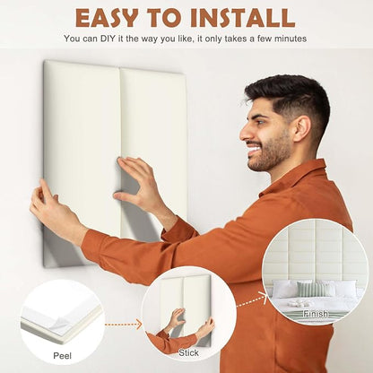 IFNOW Wall Mounted Headboard, Peel and Stick Panels, White, King | Upholstered 3D Soundproof Acoustic Panels Reusable and Removable Padded Leather Bed Headboard, 12 Panels 9.84" x 23.62"