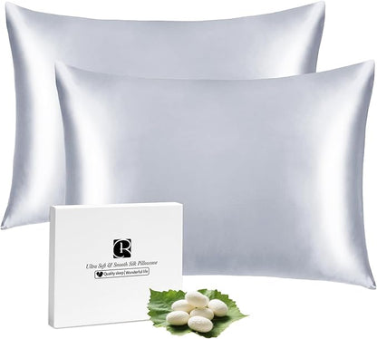 Ravmix Silk Pillow Cases 2 Pack with Zipper, 21momme Mulberry Silk Pillowcase for Hair Skin, Soft Smooth Breathable Cool Pillow Cover for Beauty Sleep with Gift Box(Queen 20"x30", Silver Grey)