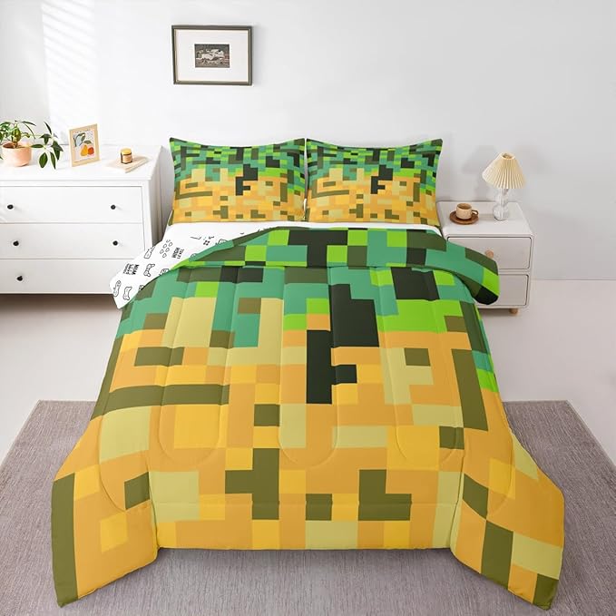 Pixelated Miners Game Kids Bedding Set King Size,Geometric Check Video Games Comforter Set,Gamepad Grid Gaming Quilt Comforter,Green Yellow Bedroom Duvet Insert,2 Pillowcases