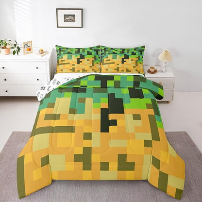 Pixelated Miners Game Kids Bedding Set King Size,Geometric Check Video Games Comforter Set,Gamepad Grid Gaming Quilt Comforter,Green Yellow Bedroom Duvet Insert,2 Pillowcases