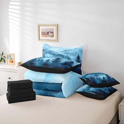 Erosebridal Foggy Mountain King Bedding Set 7 Piece Blue Forest Pine Tree Bed in A Bag with Sheets Nature Misty Woodland Comforter Set for Kids Adults,Flying Bird Bed Sets