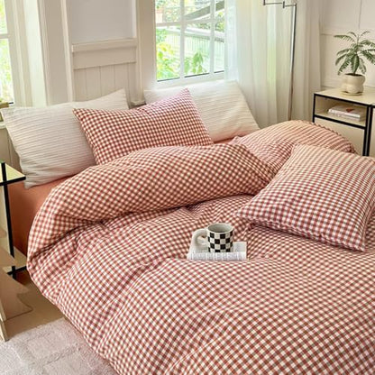 LifeTB Twin XL Comforter Set Red Orange Gingham Comforter with 2 Pillowcases Modern Style Grid Plaid Comforter Set Fluffy Soft Lightweight Gingham Bedding Set Fluffy Checkered Comforter Twin XL