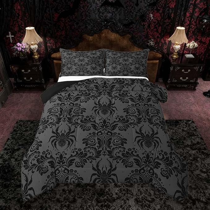 Feelyou Adults Gothic Comforter Set Queen Size Dark Olive Green Damask Bedding Set for Kids Boys Girls Spider Duvet Quilt Bedroom Decor Microfiber 3 Pcs with 2 Pillow Cases