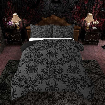 Feelyou Adults Gothic Comforter Set Full Size Dark Olive Green Damask Bedding Set for Kids Boys Girls Spider Duvet Quilt Bedroom Decor Microfiber 3 Pcs with 2 Pillow Cases