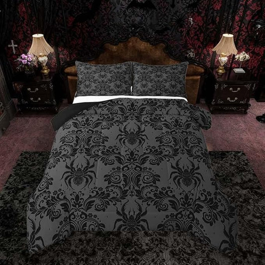 Feelyou Adults Gothic Comforter Set Toddler Size Dark Olive Green Damask Bedding Set for Kids Boys Girls Spider Duvet Quilt Bedroom Decor Microfiber 2 Pcs with 1 Pillow Cases