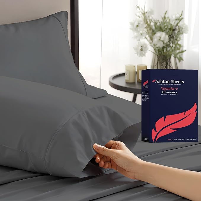 Ashton Sheets 100% Egyptian Cotton Queen Pillow Cases Set of 2 - Luxury 1200 Thread Count Pillow Cases Queen Size (Dark Grey), Soft, Cooling Hotel Collection Pillowcases, Fits Queen Standard Pillow