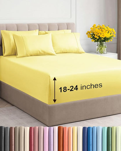 Extra Deep Cal King Sheet Set - 6 Piece Breathable and Cooling Sheets - Hotel Luxury Bedding for Women, Men, Kids & Teens - Easy & Secure Fit - Soft, Wrinkle Free & Comfy - Extra Deep Pockets - Yellow