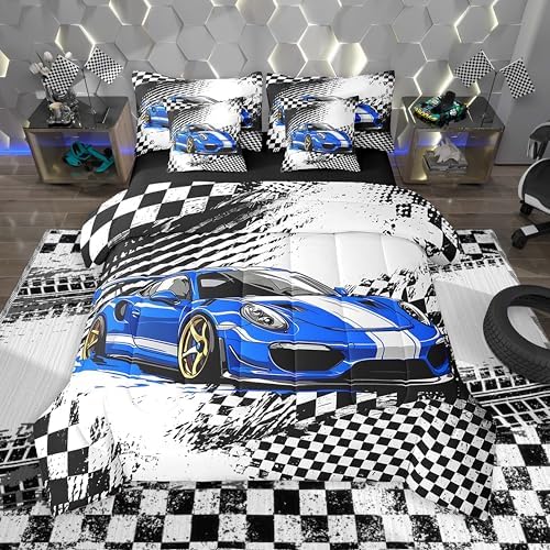 jejeloiu Blue Race Car Comforter Set with Sheets Queen Size for Kids Boys Girls Checkerboard Racing Flag 7 Pieces Bedding Set Cartoon Bed in a Bag Bedroom Decor Soft Lightweight Microfiber