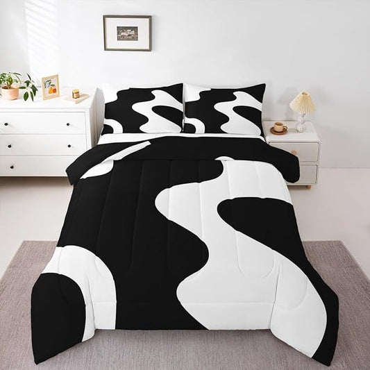 Erosebridal White and Black Abstract Twin Bedding Sets for Adult Women Men Boho Geometric Striped Comforter Set Minimalist Modern Art Quilt Duvet Set Simple Aesthetic Modern Bed Collections