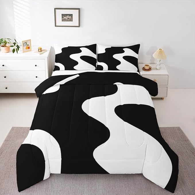Erosebridal White and Black Abstract King Bedding Set Boho Geometric Striped Comforter Set for Adult Women Men Minimalist Modern Art Bed Collections Simple Aesthetic Modern Duvet Quilt Sets