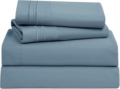 Clara Clark Bed Sheets, Premier 1800 Series Bed Sheet Set, Deep Pocket, Wrinkle, Fade, Stain Resistant, Luxury Soft Bedding Sheets & Pillowcases, Split King, Stone Blue