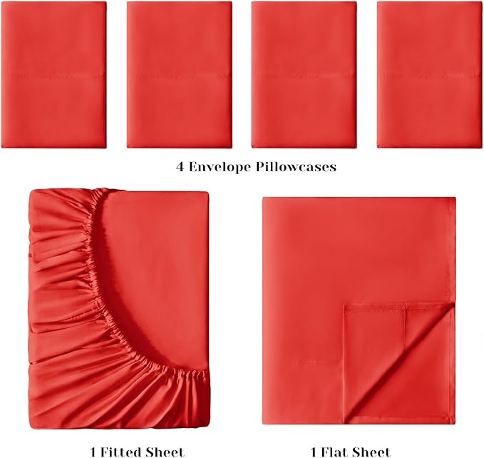 BYSURE 6 Pieces Bed Sheets Set(Queen, Cherry Red) - Hotel Luxury Super Soft 1800 Thread Count 100% Microfiber Sheets with Deep Pockets, Wrinkle & Fade Resistant