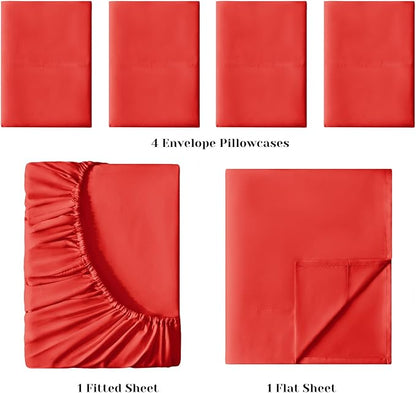 BYSURE 6 Pieces Bed Sheets Set(Queen, Cherry Red) - Hotel Luxury Super Soft 1800 Thread Count 100% Microfiber Sheets with Deep Pockets, Wrinkle & Fade Resistant