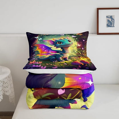 Castle Fairy Cute Dragon Comforter Set Queen Size Mushroom Floral Butterfly Bedding Set Toddler Bedroom Decor Purple Orange Wings Dragon All Season Quilt Set Dreamy Jungle Bedding Comforter Sets,3Pcs