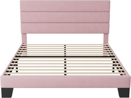 Allewie Full Size Platform Bed Frame with Velvet Upholstered Headboard Pink | Wooden Slats Support, Fully Upholstered Mattress Foundation, No Box Spring Needed, Easy Assembly, Noise-Free, Pink