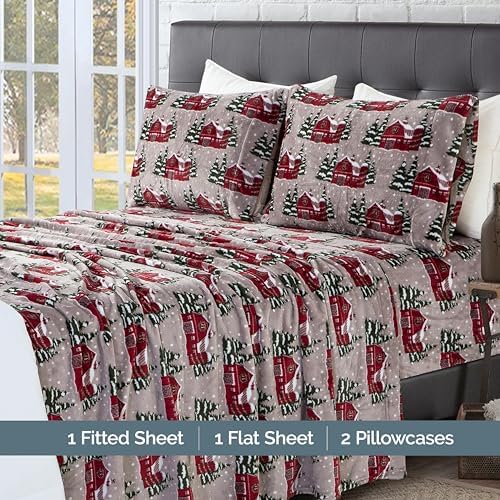 Elegant Comfort Luxuriously Soft 4-Piece Holiday Velvet Plush Flannel Sheet Set - Premium Quality - Cozy Warm, Christmas Fuzzy Velvet Flannel Fleece Deep Pocket Sheet Set - Full, Snowybarn