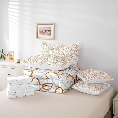 Erosebridal Geometric 7 Piece Comforter Set Full Bed in A Bag Orange White Abstract Lines Bedding Set for Boys Girls Bedroom Modern Abstract Texture Quilt Contemporary Swirls Aesthetic Sheet Set