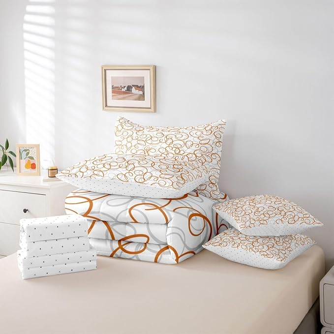 Erosebridal Geometric 7 Piece Comforter Set Queen Bed in A Bag Orange White Abstract Lines Bedding Set for Boys Girls Bedroom Modern Abstract Texture Quilt Contemporary Swirls Aesthetic Sheet Set