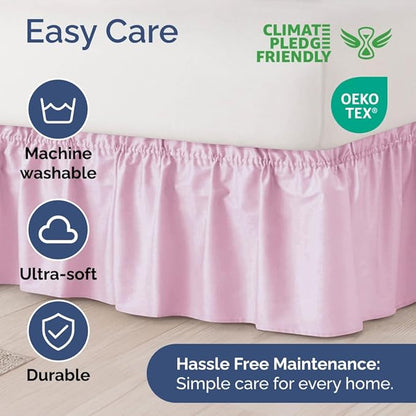 Wrap Around Dust Ruffle Bed Skirt - Light Pink - for Queen Size Beds with 24 Inch Drop - Elastic Strap - Adjustable Pleated Bedskirt with Brushed Fabric and Wrinkle Free - For Women, Men, Kids & Teens