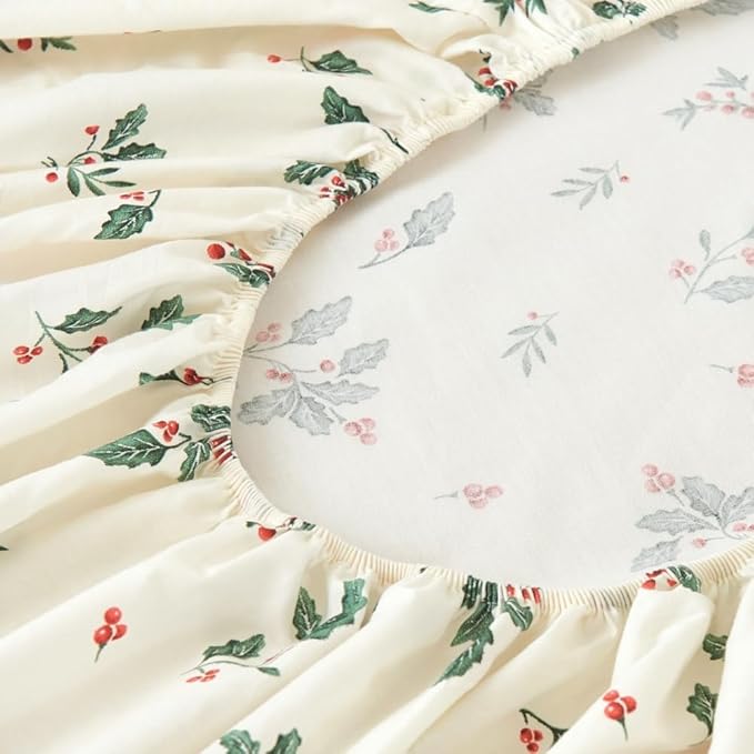 DAUAOTO 100% Cotton Bedding Christmas Printed Sheets Set for Full Size Bed Up to 14" Deep Mattress, Bedlinen Sets Holly Berries Pattern