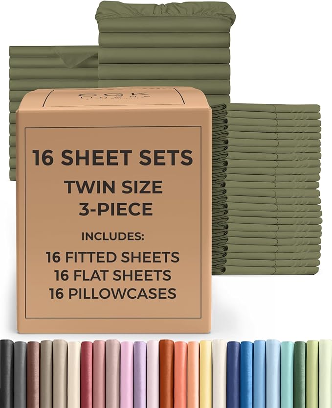 Bulk Case Pack of 16 Sheet Sets - (16) Complete Twin Size Sheet Sets with Deep Pockets - Wholesale Bulk Bedding for Hotels, Spas & Airbnbs - Breathable, Cooling and Wrinkle Free - (Twin, Sage Green)