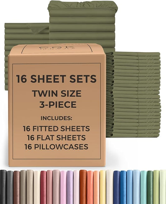 Bulk Case Pack of 16 Sheet Sets - (16) Complete Twin Size Sheet Sets with Deep Pockets - Wholesale Bulk Bedding for Hotels, Spas & Airbnbs - Breathable, Cooling and Wrinkle Free - (Twin, Sage Green)