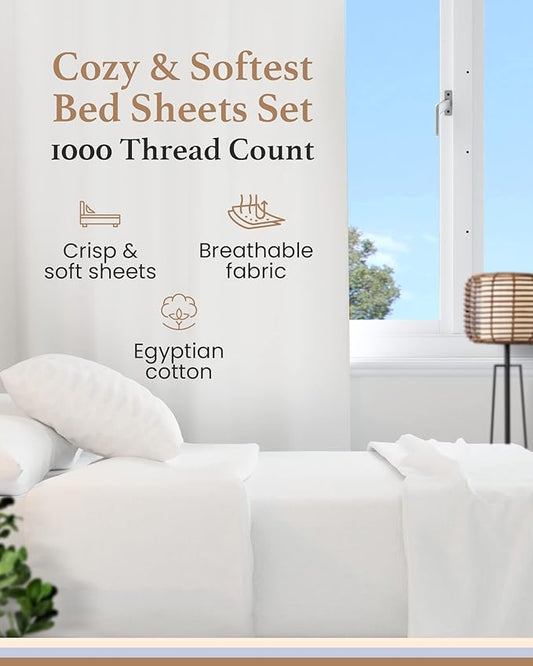 Good Sleep Bedding 100% Egyptian Cotton Sheets Queen Size - 4 Pc Queen Sheet Set, Sateen Weave Bed Sheets, 16" Deep Pocket Sheets - White