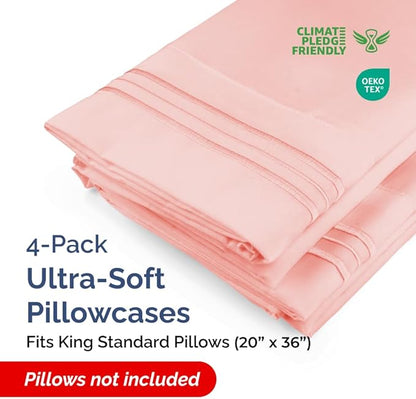 King Standard Pillow Cases Set of 4 - Soft Hotel Quality Pillowcase Covers - Comfy Bedding for Women, Men, Kids & Teens - Machine Washable Pillow Protectors - 4 Piece - King Standard Size Baby Pink