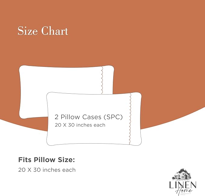 Linen Home 100% Cotton Percale Moon Scallop Hem Pillowcases Queen/Standard Size, Peach, 2 Pieces of Pillow Case, Crisp and Cool Strong Bed Linen, 20 inches X 30 inches