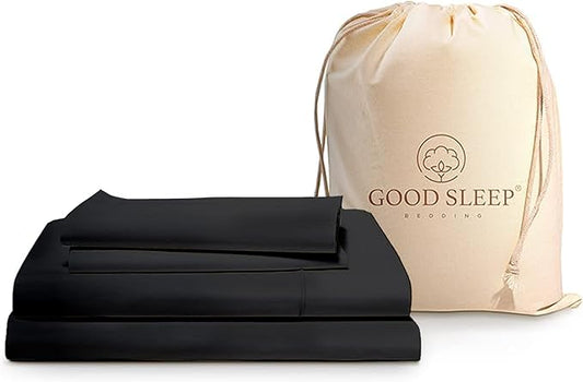 Good Sleep Bedding Twin Sheets - 100% Egyptian Cotton Twin Sheet Set, 3Pc, 1000 TC, Sateen Weave, Hotel Quality Sheets, Twin Size Bed Set, Soft, 16" Deep Pocket - Black