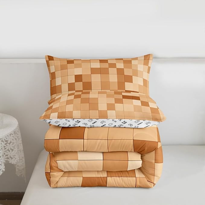 Pixelated Miners Blocks Kids Bedding Set King Size,Patchwork Square Video Games Comforter Set,Geometric Patchwork Grid Quilt Comforter,Light Brown Bedroom Duvet Insert,2 Pillowcases
