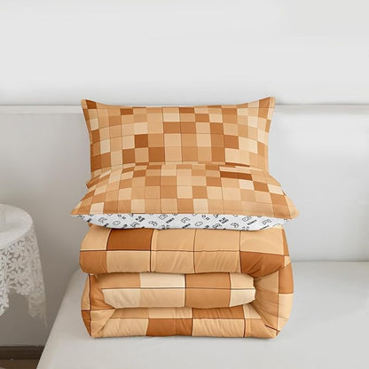 Pixelated Miners Blocks Kids Bedding Set King Size,Patchwork Square Video Games Comforter Set,Geometric Patchwork Grid Quilt Comforter,Light Brown Bedroom Duvet Insert,2 Pillowcases