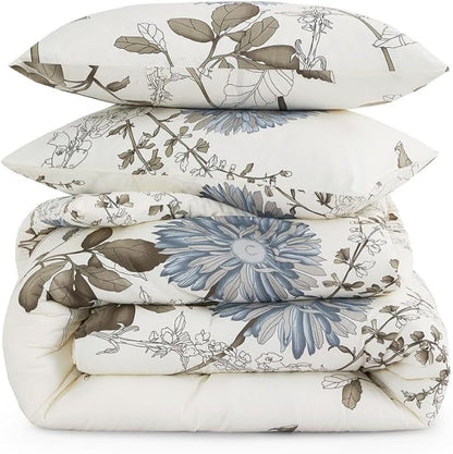 Wake In Cloud - Floral Comforter Set, 100% Cotton Fabric, Vintage Flower Shabby Chic Farmhouse Botanical Cottagecore Sunflower, 3 Pieces Bedding Set, Gray Beige, California King Size