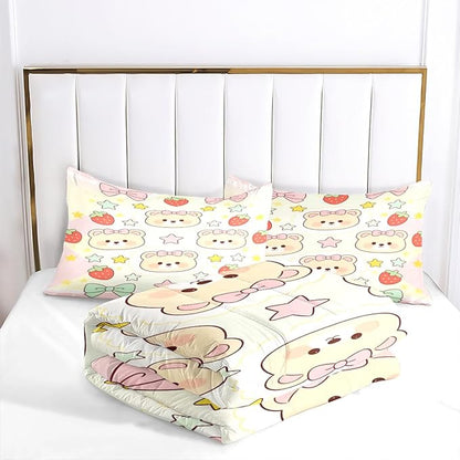 Girls Kids Cartoon Bear Comforter Set with Cute Bows, 3-Piece Strawberry Bedding Set Full Size, 100% Washed Microfiber Bedding Sets with 1 Comforter 79"x 90" and 2 Pillowcases