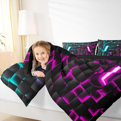 Erosebridal Boys Gamer Comforter Set Gaming Queen Size Bedding Sets for Kids Boys Teen Men Neon Lights Ombre Checkered Video Games Bed Comforter Set 3D Geometric Game Console Quilt Blue Purple
