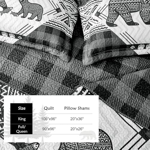 3 Piece Cabin Full/Queen Quilt Sets Farmhouse Rustic Reversible Microfiber Soft Lightweight Bedspread Comforter with 2 Shams Patchwork Country Lodge Bedding Quilts Set for All Season, 90''x96'' , Grey