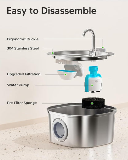 PEKTACO Stainless Steel Cat Water Fountain, 3.2L/108oz with 3 Filters | Cat water dispenser, dishwasher safe, with triple filtration, quiet pump, and visible water window for cats and small pets