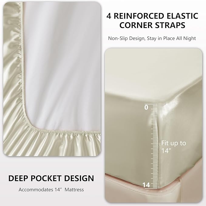 CozyLux Satin Sheets Full Size Sheets - 4 Piece Silky Full Size Bed Sheets, Luxury Cream Full Bed Set with Smooth and Soft Microfiber, Includes 1 Fitted Sheet, 1 Flat Sheet and 2 Pillowcases