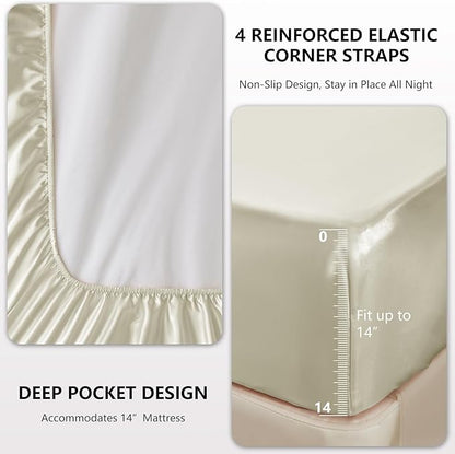 CozyLux Satin Sheets Full Size Sheets - 4 Piece Silky Full Size Bed Sheets, Luxury Cream Full Bed Set with Smooth and Soft Microfiber, Includes 1 Fitted Sheet, 1 Flat Sheet and 2 Pillowcases
