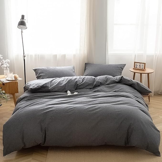 FACE TWO FACE Bedding Duvet Cover Set100% Washed Cotton Duvet Cover Linen Like Textured Breathable Durable Soft Comfy (California King, Gray)