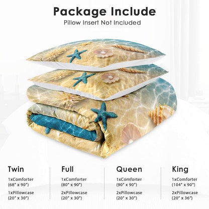 Twin Size Comforter Set with Pillowcase, Summer Marine Seashell Starfish Beach Ocean Soft 2 Pcs Bedding for Kids and Adults Bedroom Bed Decor