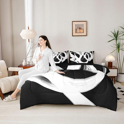Erosebridal Abstract Modern 7 Piece Comforter Set Queen Bed in A Bag Black White Lines Geometric Bedding Set Minimalist Contemporary Stripes Sheet Set Ink Painting Simple Aesthetic Neutral Quilt