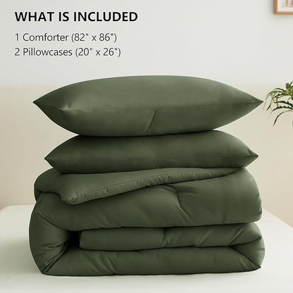 CozyLux Full Size Comforter Set Olive Green, 3 Pieces Solid Breathable Quilted Bedding Sets, Luxury Lightweight Soft Bed Set with Down Alternative Comforter and 2 Pillowcases for All Seasons