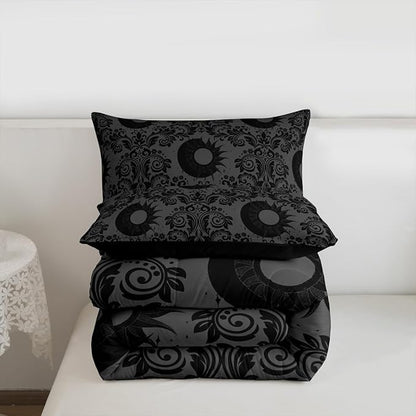 Feelyou Adults Gothic Comforter Set King Size Dark Olive Green Damask Bedding Set for Kids Boys Girls Sun and Moon Duvet Quilt Bedroom Decor Microfiber 3 Pcs with 2 Pillow Cases