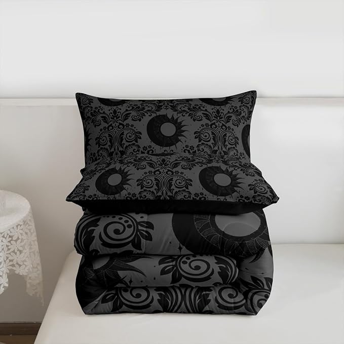 Feelyou Adults Gothic Comforter Set Queen Size Dark Olive Green Damask Bedding Set for Kids Boys Girls Sun and Moon Duvet Quilt Bedroom Decor Microfiber 3 Pcs with 2 Pillow Cases