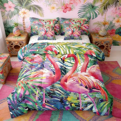 Erosebridal Flamingo Full Comforter Set with Sheets 7 Piece Tropical Leaves Bed in A Bag Palm Tree Comforter Sets,Bird Romantic Bed Set
