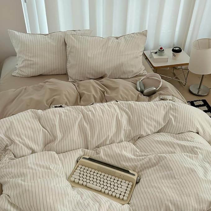 Nayoroom Brown Striped Duvet Cover Queen Size 100% Washed Cotton Duvet Cover Linen Like Textured, Reversible 3 Pieces Soft Breathable Yarn-Dyed Stripe Girls Dorm Bedding Set for All Seasons